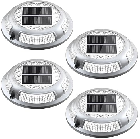 Solar Driveway Lights, 4 Pack Heavy Duty Driveway Lights Solar Powered 2 Color Mode (Cool/Warm White) IP68 Waterproof Outdoor Solar Deck Lights with Ground Stake for Pathway Garden Yard Walkway Dock
