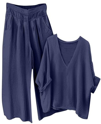Tuta Donna Completa Cotone e Lino Leggera Completo Elegante Tute Taglie Forti Set Tinta Unita Camicia e Pantaloni a Gamba Larga Completi Comodo Traspiranti da Casa