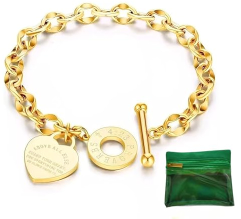 pichuxiu Charm Bracelet for Women 18k Gold Plated Love Heart Elegant OT Clasp Stainless Steel Green Bag Packaging Jewelry Gift Birthday