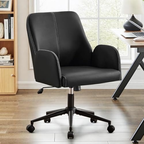 Ckaff Sedia da Ufficio Ergonomica, Poltrona Scrivania Imbottita in Pelle PU, Poltrona Direzionale Girevole con Seduta Imbottito, Regolabile in Altezza e Inclinabile per Ufficio Camera da Letto, Nero