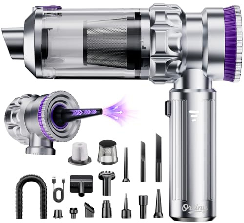 Ortiny Aspirador de Mano, 28000PA Aspiradora sin Cable con Taza Grande Colector de Polvo, 4 en 1 Aspirador Coche con Motor Sin Escobillas, 3 Niveles Mini Aspiradora para Coche, Pelo de Mascotas, Hogar
