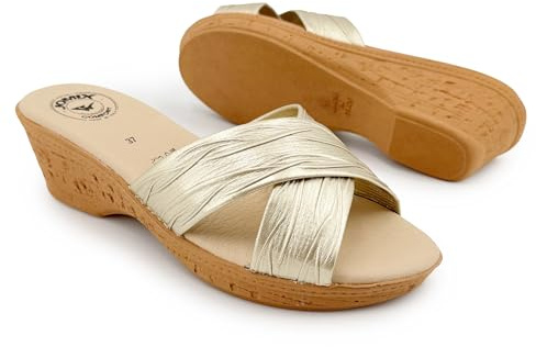 JOMIX Mules Femme Élégantes Été Talon Compensé 6 cm Claquettes Ouvertes Femme Confort Chaussons d’Été Souples Pour Maison Terrasse Vacances Doré 38
