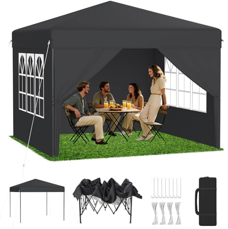 LZQ Premium Pop-Up Pavillon 2,5×2,5 m mit One-Touch Lift, Faltpavillon Gartenpavillon Partyzelt Faltbar mit 3-Fach Höhenverstellung 240-260cm, Klappzelt mit Seitenwände & Tragetasche, Anthrazit