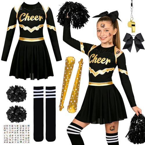 Costume de Pompom Girl pour Filles, Deguisement Cheerleader Girl Enfant avec Pompoms Bâton d'encouragement Couvre-chefs et Chaussettes, Robe d'uniforme de Pom-pom pour Carnaval, Cosplay, Mascarade