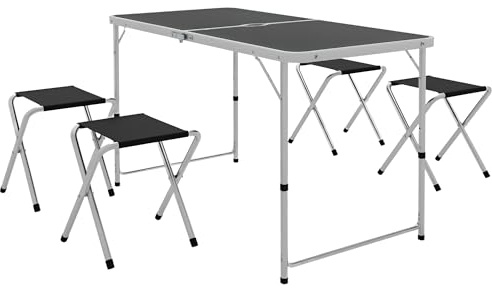 Outsunny Set Tavolo da Campeggio Pieghevole con 4 Sedie, Tavolo da Pic Nic Regolabile in Altezza, 4 Panche e Foro Ombrellone, in Alluminio, per Picnic, Mare, Spiaggia, Giardino, Nero