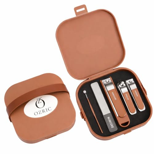 OZRIC Luxury Manicure Set – 5 Piece Stainless Steel Nail Clipper Kit with Travel Case – Premium Grooming Kit for Fingernails & Toenails – Compact Travel Nail Care Set
