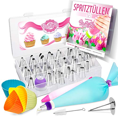 MoNiRo Spritztüllen Set aus Edelstahl - XXL Set mit Tüllen & Silikon Spritzbeutel mit Tüllen - Profi Backzubehör mit Cupcake Förmchen und viel Backzubehör - Backset - Tortenspritze – Spritzsack