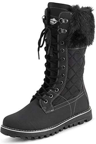 POLAR Womens Faux Fur Warm Thermal Waterproof Outdoor Walking Snow Winter Rubber Sole Calf Boots - Black/Black - EU39/US8 - YC0604
