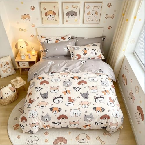 Loussiesd Kids Cute Dog Duvet Cover Set King Boys Girls Cartoon Pug Puppy Animal Bedding Reversible Lovely Pet Welsh Corgi Husky Paw Comforter Dogs Bed Lover Bedroom Decor,Multicoloured35