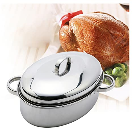 Stainless Steel Oval Lidded Roaster Pan Extra Large Steamer Fish Pot Turkey Roaster Oven Cookware High Dome for Meat Joints Chicken Vegetables, Compatible Gas Induction Stove (Extra large)