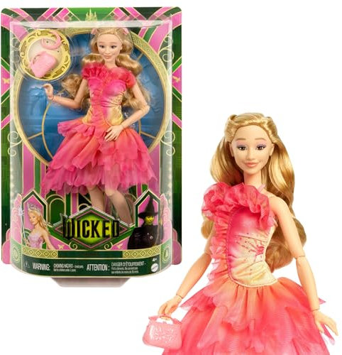 Mattel Wicked Glinda Muñeca de moda con el pelo rubio y un conjunto elegante de quita y pon, articulada, incluye accesorios, HXT63