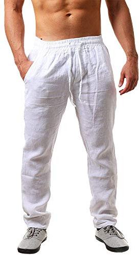 Runcati, Pantaloni da Uomo in Lino, in Tinta Unita, Leggeri, con Taglio Largo, Coulisse, per Vacanze, Spiaggia, Uso Quotidiano, Bianco, L