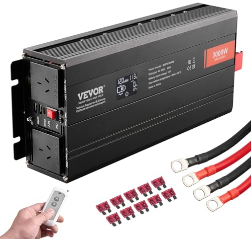 VEVOR Wechselrichter mit Reiner Sinuswelle 3000W DC12V AC 230 V Spannungswandler 2 AC-Steckdosen 2 USB-Anschlüssen 1 Typ-C-Anschluss LCD-Display und Fernbedienung für große Haushaltsgeräte