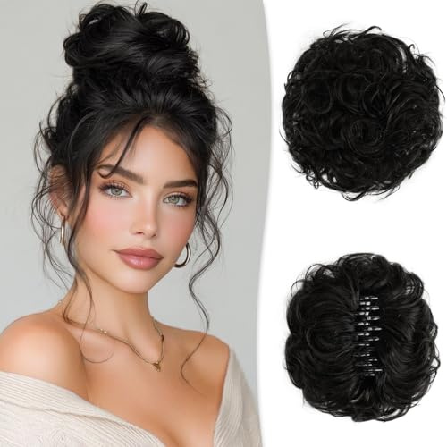 RUWISS Grande Chignon Finto per Capelli, Chignon Capelli Veri Ondulato Scrunchies per Capelli Ricciuto Elastico Updo Posticci per Donna, Nero Naturale