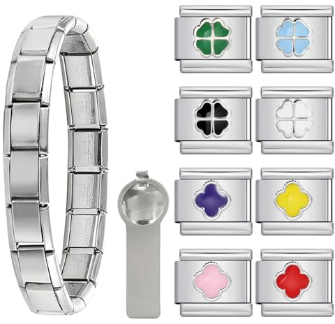 AstraGlam 10 Piezas Pulsera-Encanto para Mujeres y Hombres – Pulsera elástica de Acero Inoxidable con 8 Colgantes Individuales – Joyería Personalizable, Regalo Ideal para Cada Ocasión