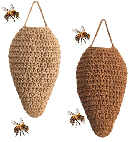 2 Pack Crochet Wasp Nest Decoy Wasp Repellent Fake Wasps Nest Hanging Waspinator Imitated Nests Hornets Repellents fillable Artificial Nest Decoys Hornet Nest for Wasps Eaves Garden Yard Decoration