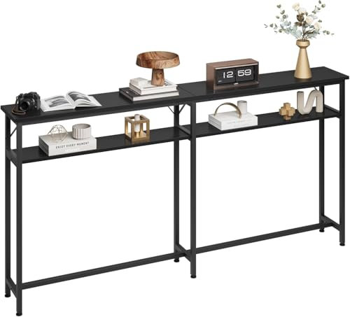 Garvee Konsolentisch Schmaler Sofatisch mit 2 Ablagen 180 x 23 x 100 cm Beistelltisch mit Metallrahmen Eingangstisch Flurtisch Sofatisch für Wohnzimmer Eingang Flur Schwarz