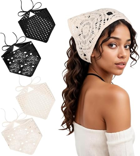 Lot de 4 foulards au crochet - Foulard pour femme - Bandeau avec pince à cheveux