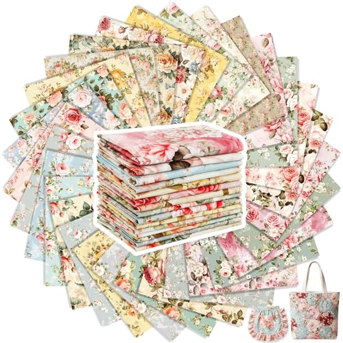 Tatuo 30 Pieces 10 x 10'' Vintage Rose Floral Cotton Fabric Bundle Squares Patchwork Retro Floral Fabric Sewing Quilting Bundles Assorted Pattern Cloth for DIY Scrapbook Craft Making
