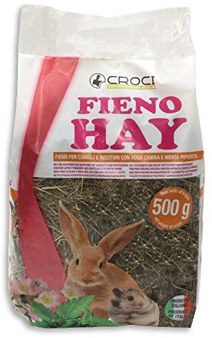 CROCI Hay - Foin à l’églantier et à la Menthe poivrée 500 g - Aliment pour rongeurs, Lapins, Hamsters, cochons d’Inde et Petits mammifères - Fabriqué en Italie - Aliment complémentaire pour rongeurs