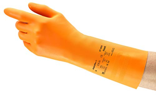Ansell AlphaTec 87-955 Multi-Purpose Work Gloves, High Chemical Resistance, Reinforced Protection for Heavy Duty Works, Cotton Flocked, Safety Glove in Latex, Orange, Size 2XL (12 Pairs)