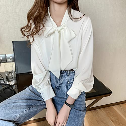 CWENROU Chemises Décontractées pour Femmes - Mode Lâche Chemisier Coréen Printemps Et Été Satin Blouse en Mousseline De Soie Femmes Mode Blanche Chemise À Manches Longues Bureau Dames Bowknot Vêteme