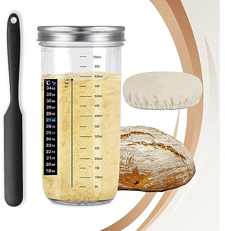 G&B Commerce Sourdough Starter Jar Kit Lid Set, 25 Oz, 730ml Glass Round Jar, Silicone Scraper, Cloth Cover, Thermometer Design, Bread Fermentation, Flour jar, All Flours