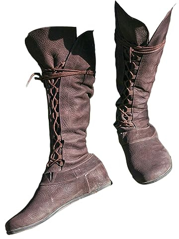 ORANDESIGNE Stivaletti da Uomo Medievali Stivali in Pelle PU Vintage Scarpe Piatte Corte Rinascimento Cavaliere Vichingo Prince Scarpe Cosplay Accessori per Costumi Pirata H Marrone 45 EU