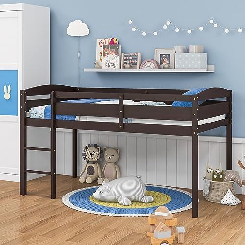 Giantex Twin Loft Bed with Ladder, Wood Low Profile Loft Bed with 30 Clearance & Safety Guard Rails, Space-Saving Loft Bed Frame for Kids Teens Junior, No Box Spring Needed, Kids Bed Frame, Espresso
