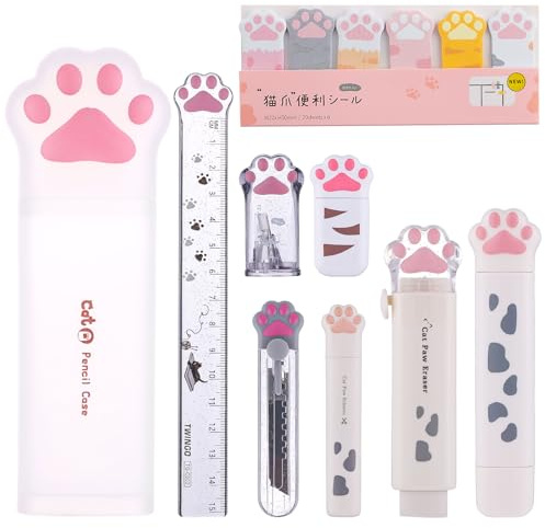 9 Pcs Cute Cat Paw Stationery Set Kawaii School Supplies Including Pencil Sharpener Retractable Eraser Correction Tape Sticky Notes Ruler Mini Scissors Utility Knife for Cat Lovers Students (White)
