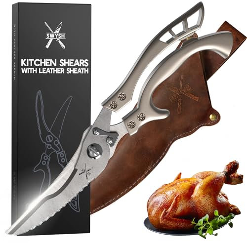 SWYSH Professional Kitchen Scissors with Leather Sheath – Poultry Shears for Meat Fish Veggies & More – Heavy Duty Kitchen Shears – Sharp Meat Cooking Scissors with Ergonomic Handle & Comfortable Grip