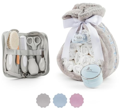 Tarta de Pañales con Set de Aseo Bebé | Manta Polar Personalizada + Chupete Personalizado + 15 Pañales Moltex | Regalo Recién Nacido Baby Shower Nacimiento Niño Niña (Azul) | BebeDeParis