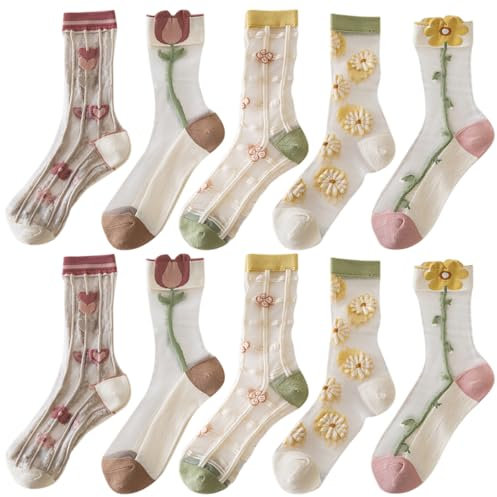 letcdfer Sheer Socks Women GlassSocks Womens Patterned Sheer Pop Sock Womens Lace Ankle Socks Summer Transparent Thin Lace Floral AnkleSocks for Women Girls, 5 Pairs