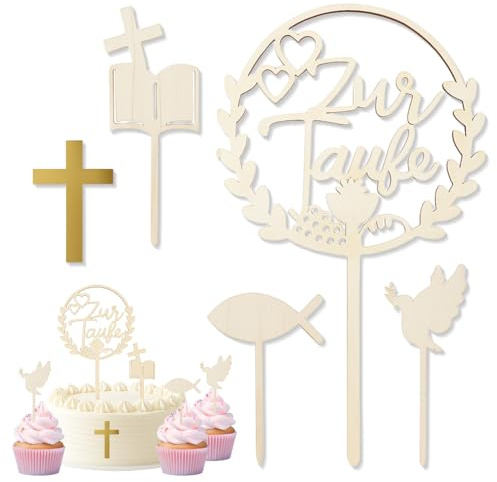 GGUFAY Lot de 5 Décoration Gâteau Bois, Comprend une Croix Dorée, Décoration Baptême Gâteau Enfant, Baptême Garçon & Première Fille, Décor Cake Topper, Communion