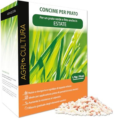 AGRI-CULTURA | Concime Prato Estate 70m² | Fertilizzante Antistress con Magnesio e Potassio | Crescita Compatta, Basso Consumo Acqua | Uso Estivo, Granulare a Lenta Cessione 1,7 Kg.