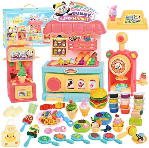 BBWELL 57Pcs Juego de Plastilina,Moldes Plastilina,Moldes Helado Plastilinas,Moldes plastilinas con 12 Cajas Plastilina, con Babero y Mangas, niños de 3 a 8 años