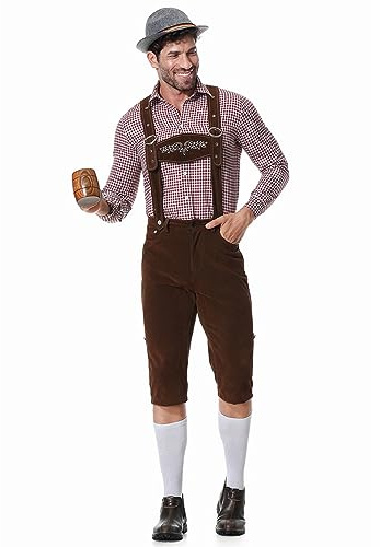Tenue Oktoberfest Homme 3 Pièces: Lederhosen Pantalon Culotte Cuir Brodé + Chemise avec Chapeau Costume Déguisement Traditionnelle Bavarois Authentique pour Fête Bière Carnaval Halloween