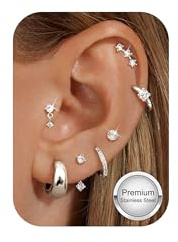 Morfetto Örhängen i rostfritt stål för kvinnor 7 par - hypoallergeniska 14K guldpläterade örhängen örhängen set med dubbar piercing tragus helix, Rostfritt stål, Kubisk zirkonia