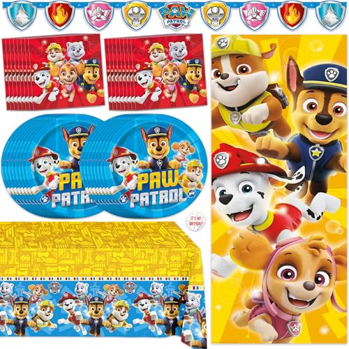 Paw Patrol Birthday Decorations | Serves 16 | Banner, Tablecloth, Door Poster Photo Backdrop, Plates and Napkins, Sticker | Paw Patrol Party Decorations