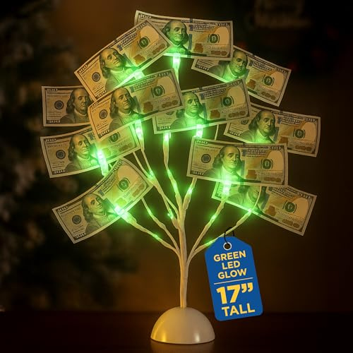 MEIN SCHATZ Money Tree Gift Card Holder with 10 Clips & LED Lighted Tips - White Money Tree Gift Holder for Cash - Ideal Present for Wedding, Birthday, Easter & Christmas - Photo & Gift Card Tree
