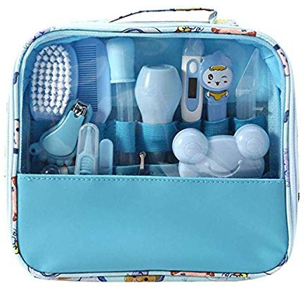 13 pcs/ensemble Kit de soins bébé Infirmière nouveau-né Bébé Clou Cheveux Soins de santé Des gamins Thermomètre Toilettage Brosse Trousse (Blau)