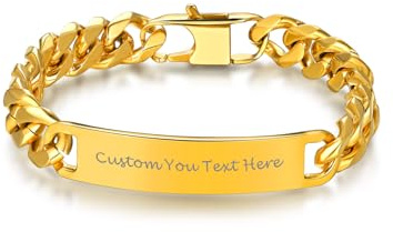 Bandmax Gourmette Homme Identité Personnalisé Plaqué Or 19cm, Chaîne Bracelet 10mm avec Plaque Personnalisable
