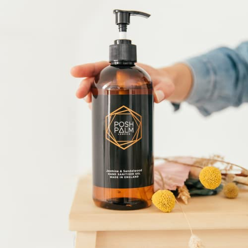 Posh Palm Sandalwood & Jasmine Hand Sanitiser Gel 500ml - Luxury Hand Sanitiser Made in UK, Moisturising Formula for Soft Skin, Premium Scented for Elegant Protection