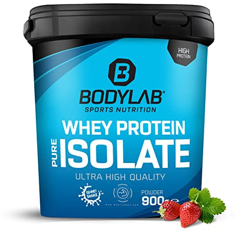 Whey Protein Isolate Fraise 900g Bodylab24, poudre de protéines à base d'isolat de whey, peut favoriser la construction musculaire, sans aspartame