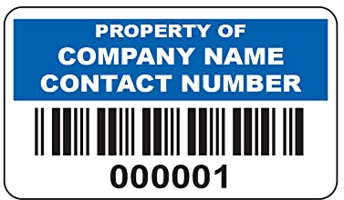 1000 Blue Personalised Barcode Asset Tag Labels Custom Stickers- 38mm x 20mm Permanent Vinyl Labels - Simple to Customize