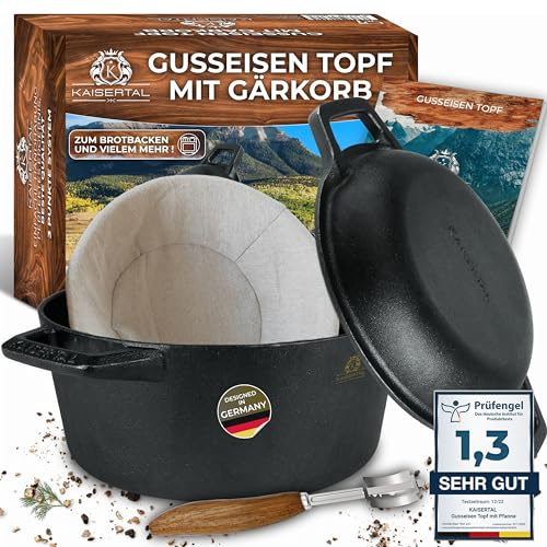 Kaisertal® - Olla de hierro fundido para hornear pan [incluye cesta de fermentación y cuchillo con 5 cuchillas] – Robusto 26 cm de hierro fundido – Molde ideal para hornear pan con tapa, olla de