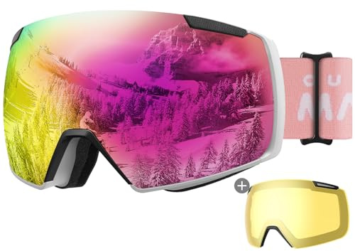 OutdoorMaster Heron Ski Goggles with 2 Lens, Frameless, Magnetic Interchangeable HD Toric Lens, OTG Snowboard Goggles(WhiteFrame RevoPink Vlt 13% + YellowLens)
