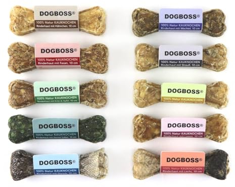 DOGBOSS 100% Natur Kauknochen speziell für kleine Hunderassen (2-10kg) in verschiedenen Geschmackssorten (10er Probierset 10 cm)