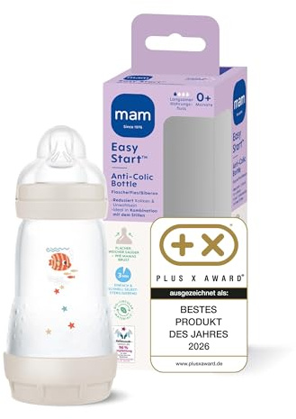 MAM Easy Start Anti-Colic Baby Bottle (260 ml) | 0+ Mon | Testsieger | Babyflasche mit Bodenventil | 94% Akzeptanz | 96% Hebammen-Empfehlung | 80% weniger Koliken | Fisch/beige/cotton