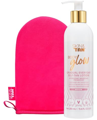 Skinny Tan Body Glow Moisturising Gradual Tan Lotion - Fake Tan Moisturiser, Cruelty-Free, Paraben Free & Vegan Tanning Moisturiser, Body Lotion with Coconut & Vanilla Aroma, 280ml Plus Mitt Bundle.